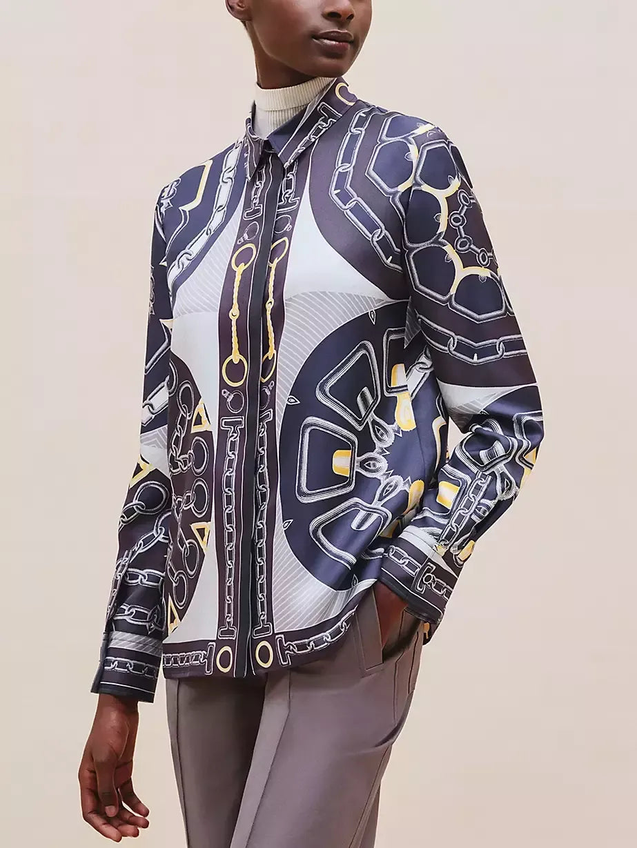 Chain Link and Horsebit Print Silk Shirt in Blue - Tops