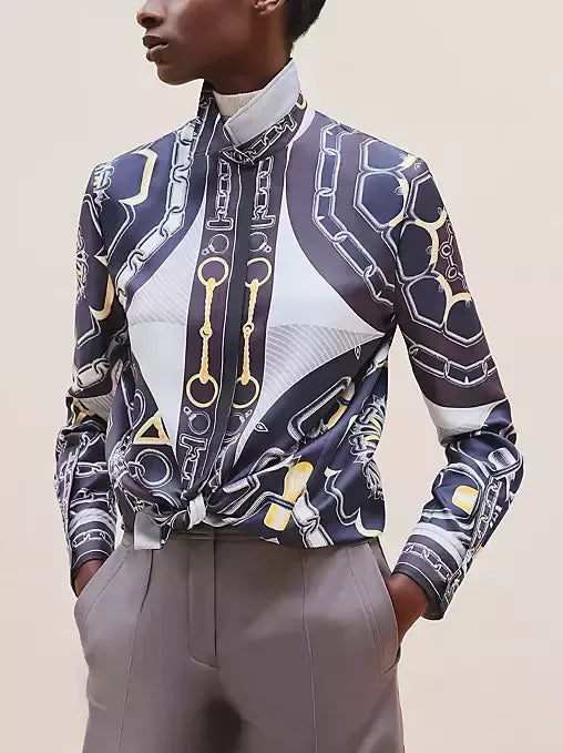 Chain Link and Horsebit Print Silk Shirt in Blue - S - Tops