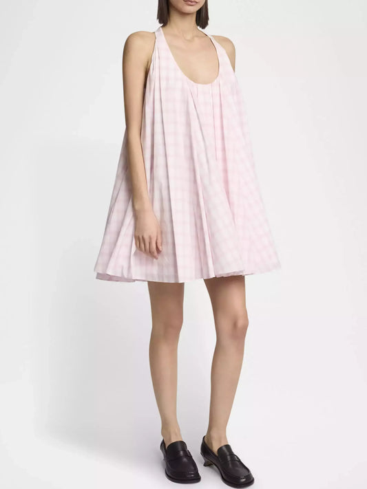 Check Print Pleated Trapeze Mini Dress - Dresses