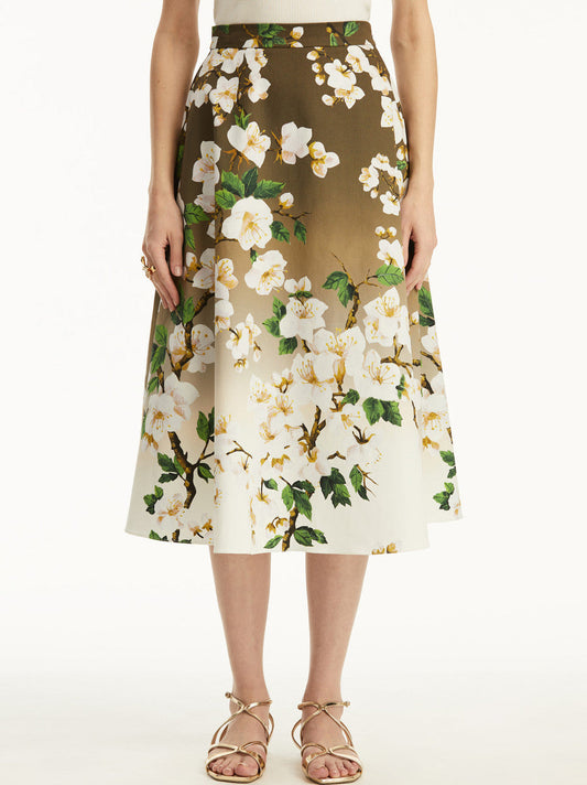 Cherry Blossom Print Ombre Midi Skirt - Skirts