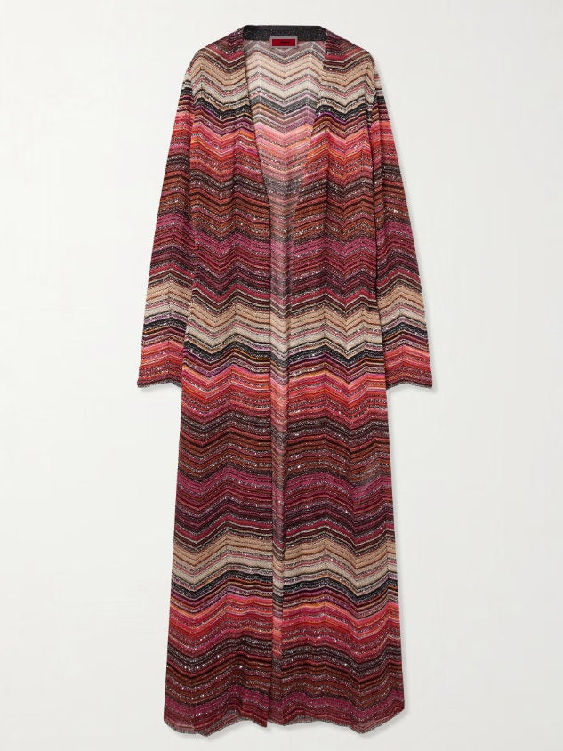 Chevron Knit Long Duster Cardigan in Dark Multicolor - Sweaters & Knitwear