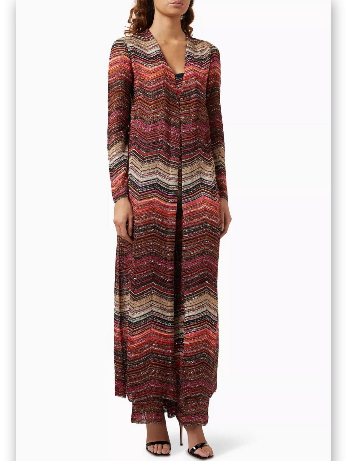 Chevron Knit Long Duster Cardigan in Dark Multicolor - Sweaters & Knitwear