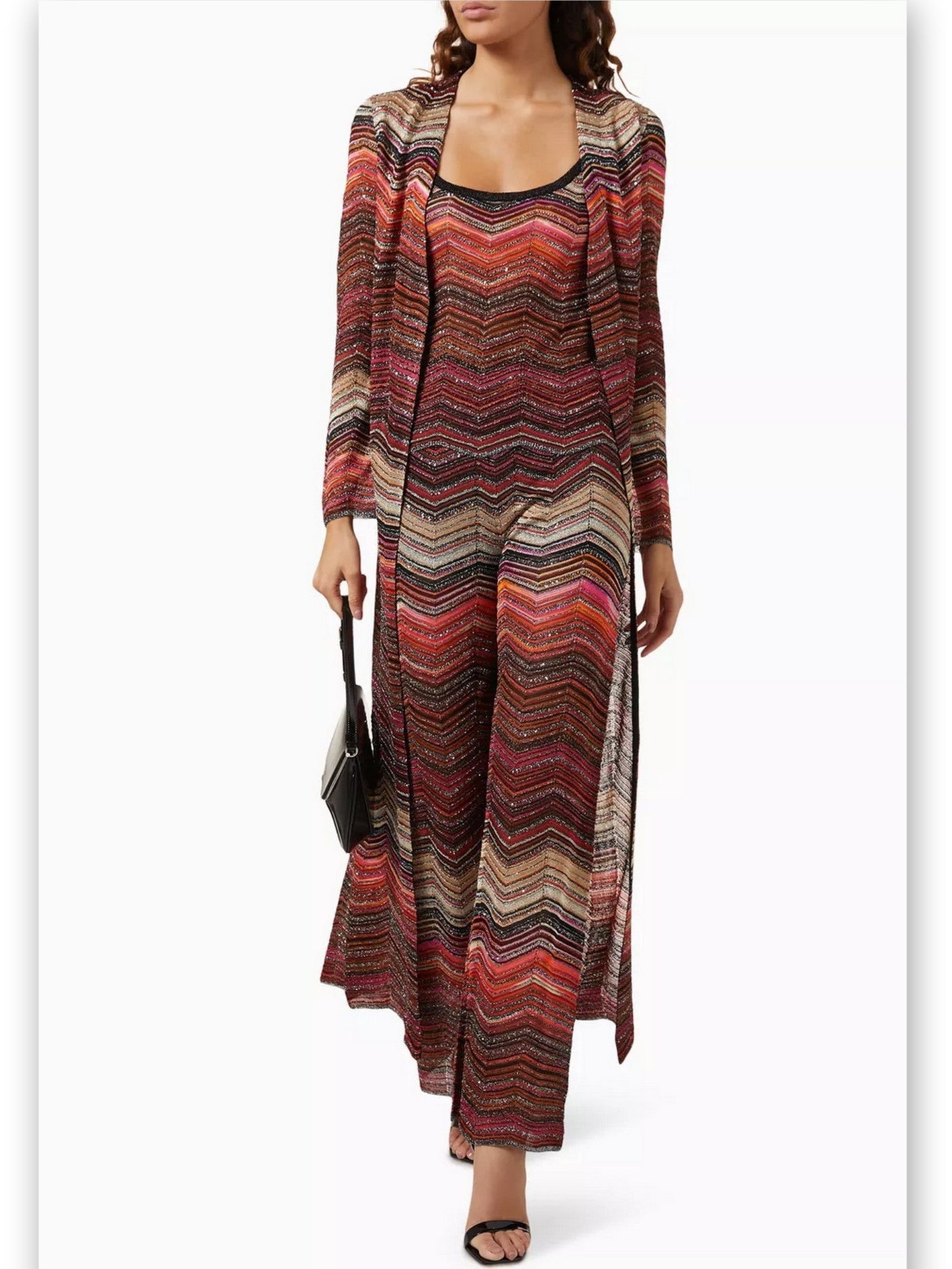 Chevron Knit Long Duster Cardigan in Dark Multicolor - Sweaters & Knitwear