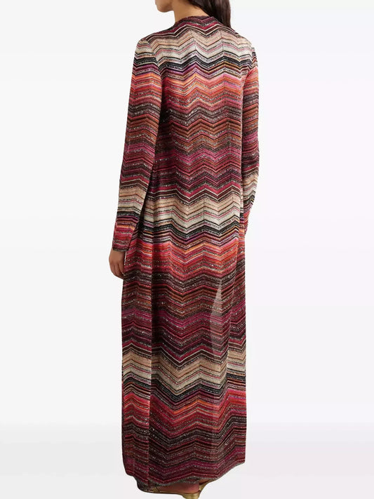 Chevron Knit Long Duster Cardigan in Dark Multicolor - Sweaters & Knitwear