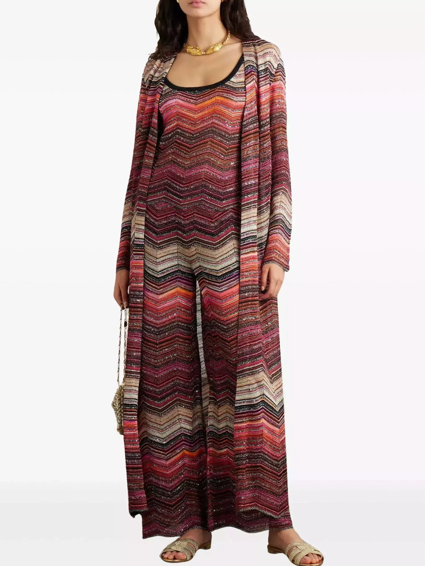 Chevron Knit Long Duster Cardigan in Dark Multicolor - Sweaters & Knitwear