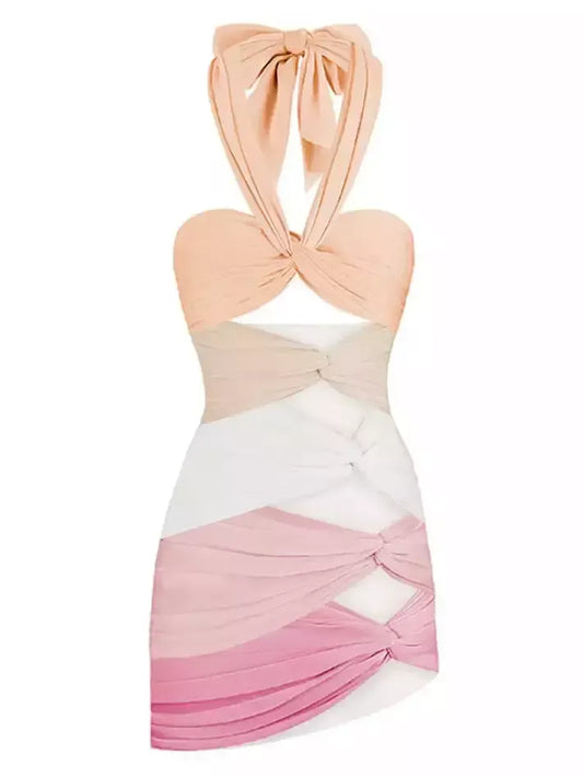 Chiffon Bralette Halter-Neck Twist Mini Dress - Dresses