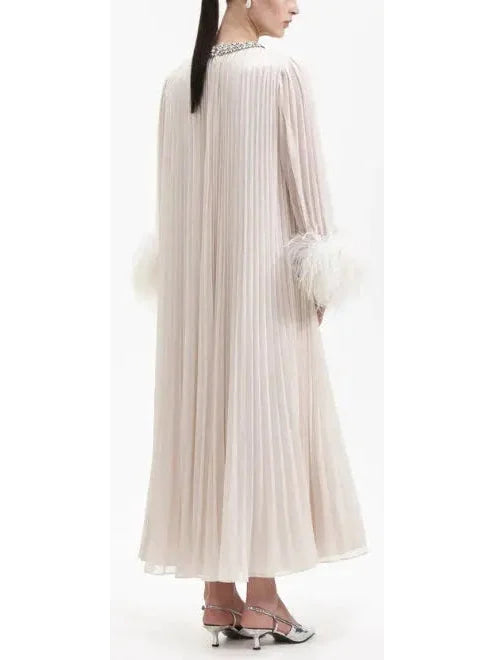 Chiffon Pleated Feather-Trim Embellished Dress Creamy Beige - Dresses