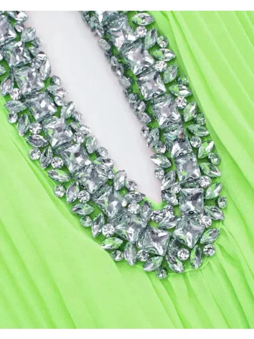 Chiffon Pleated Feather-Trim Embellished Dress Green - Dresses