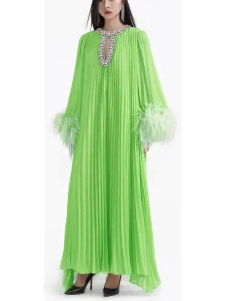 Chiffon Pleated Feather-Trim Embellished Dress Green - Dresses