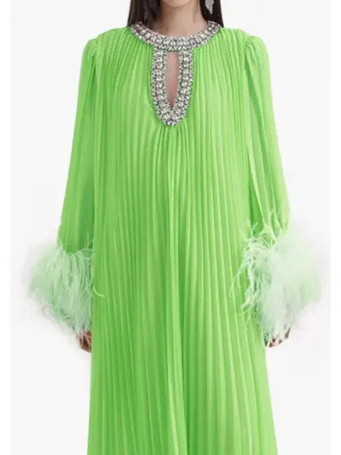 Chiffon Pleated Feather-Trim Embellished Dress Green - Dresses
