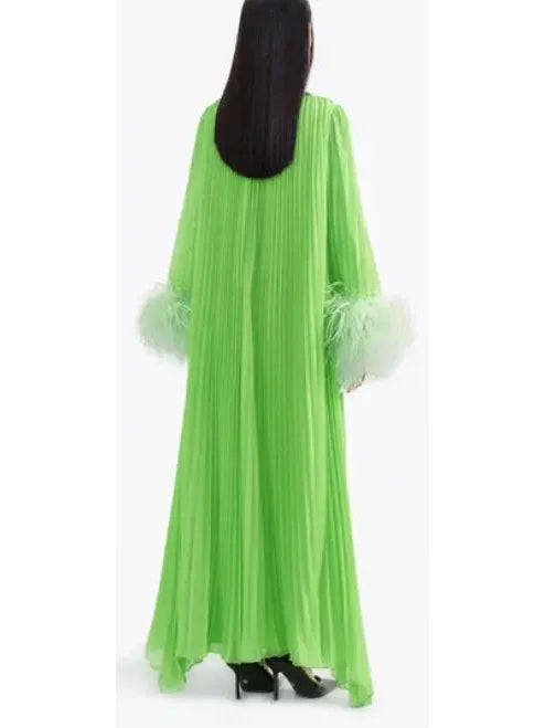 Chiffon Pleated Feather-Trim Embellished Dress Green - Dresses