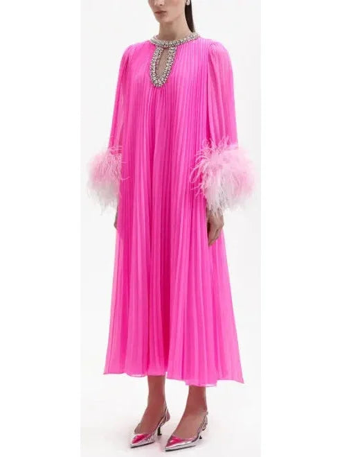 Chiffon Pleated Feather-Trim Embellished Dress Pink - Dresses