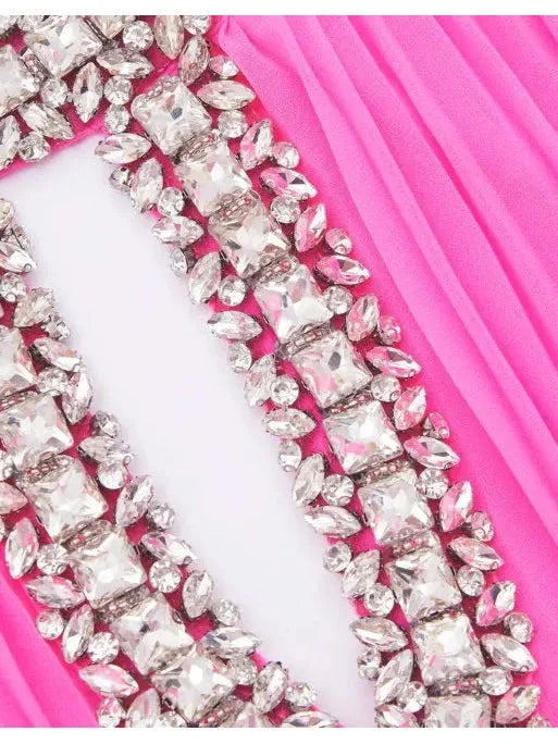 Chiffon Pleated Feather-Trim Embellished Dress Pink - Dresses