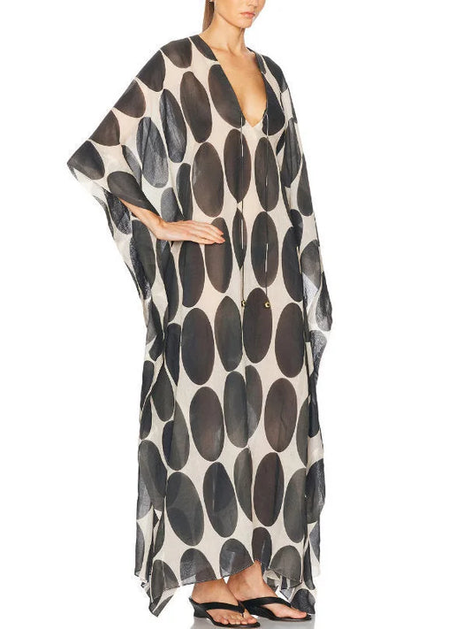 Circle Printed V-Neck Kaftan with Drawstrings - Dresses