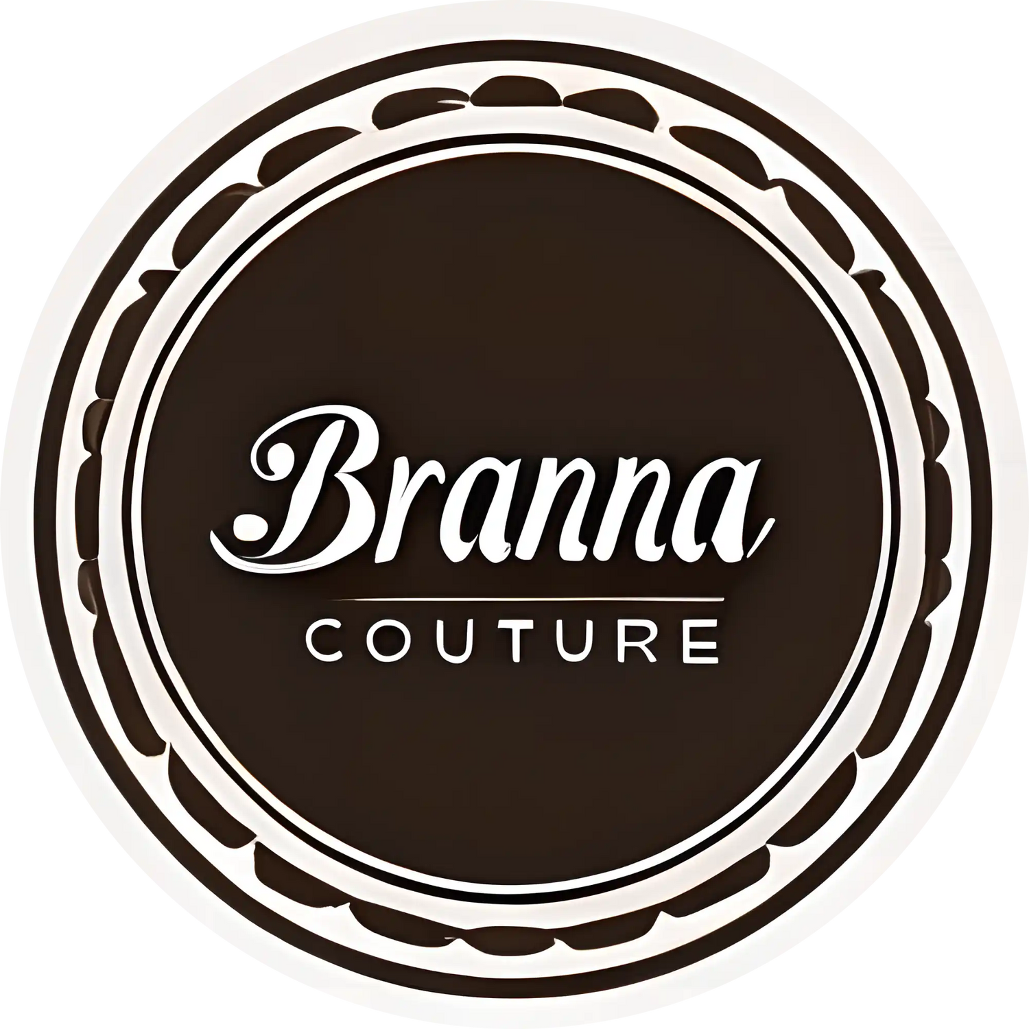 Circular brown and white logo for ’Branna Couture’ with decorative border pattern.