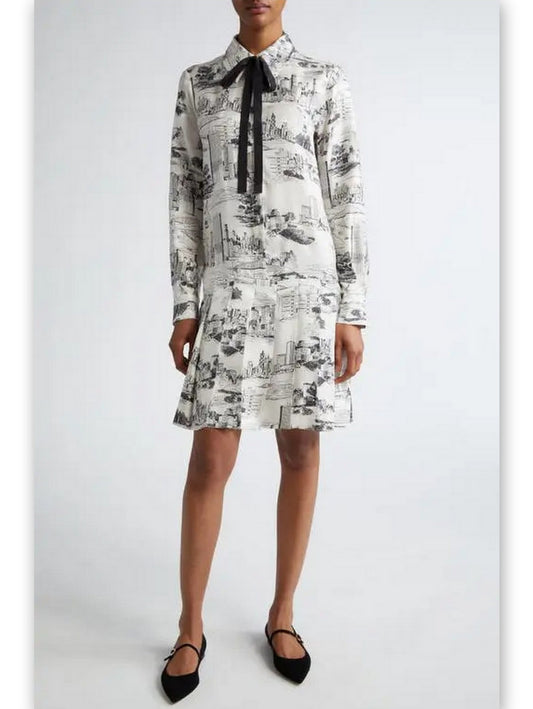 Printed City-Print Silk Mini Dress with Neck Tie showcasing elegant style and comfort