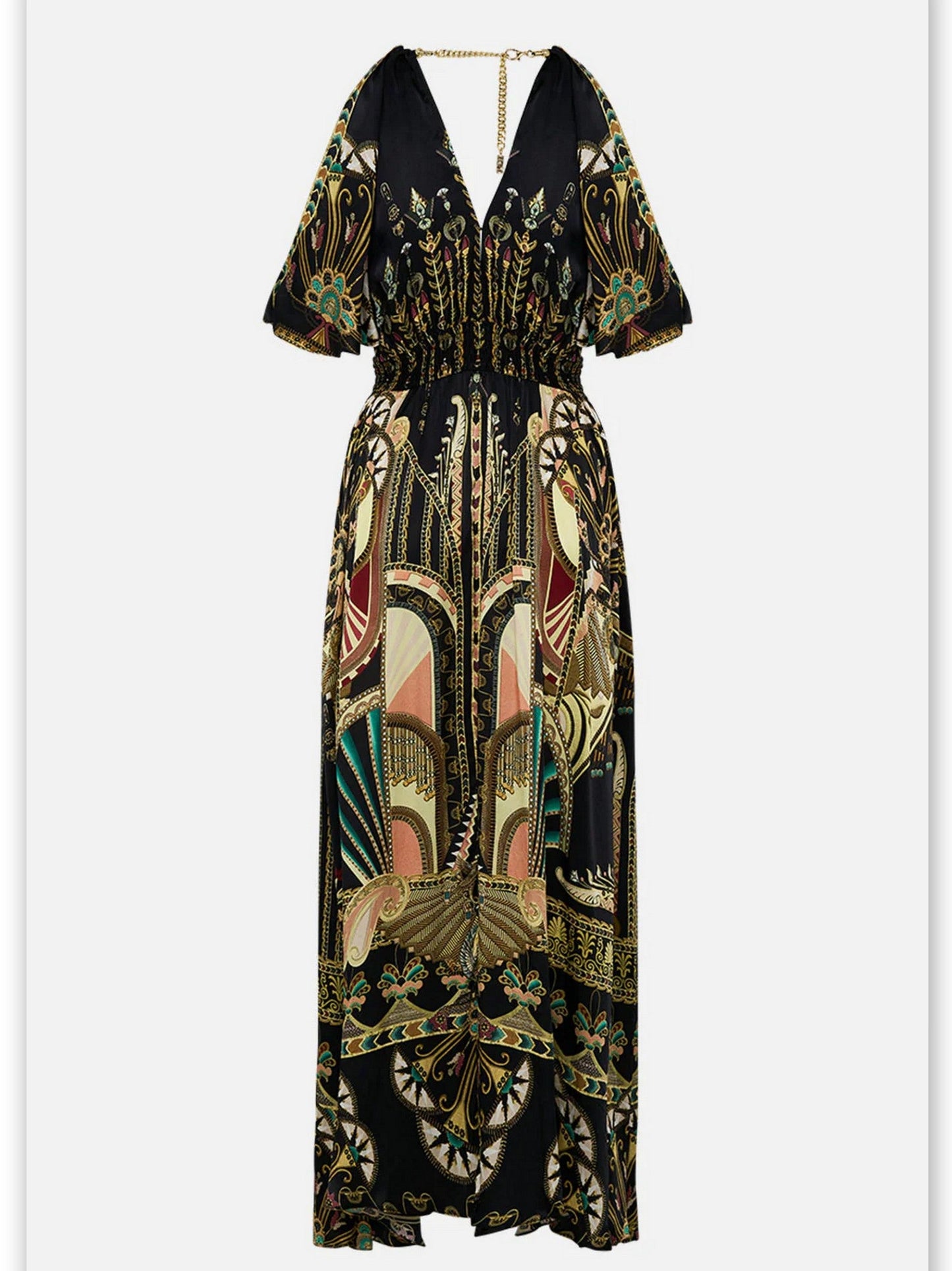 Black patterned cold-shoulder printed maxi dress with neck piece for stylish summer wear