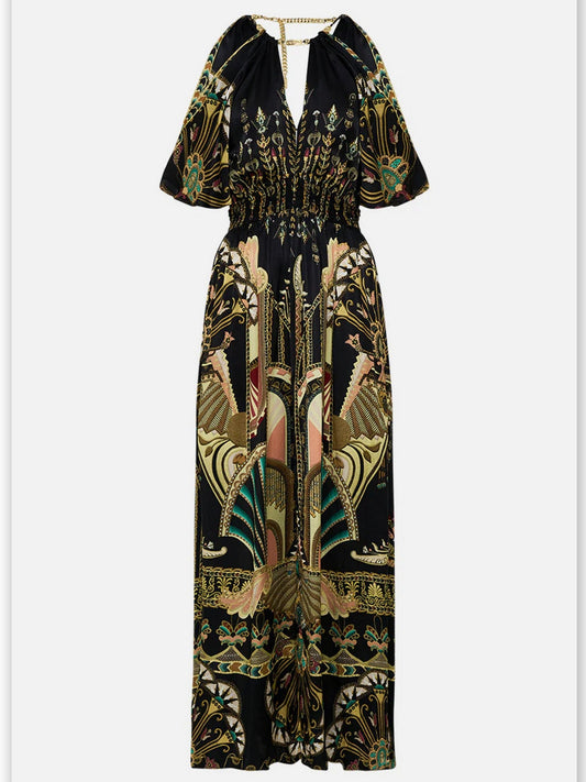 Black patterned cold-shoulder printed maxi dress featuring a stylish neck piece