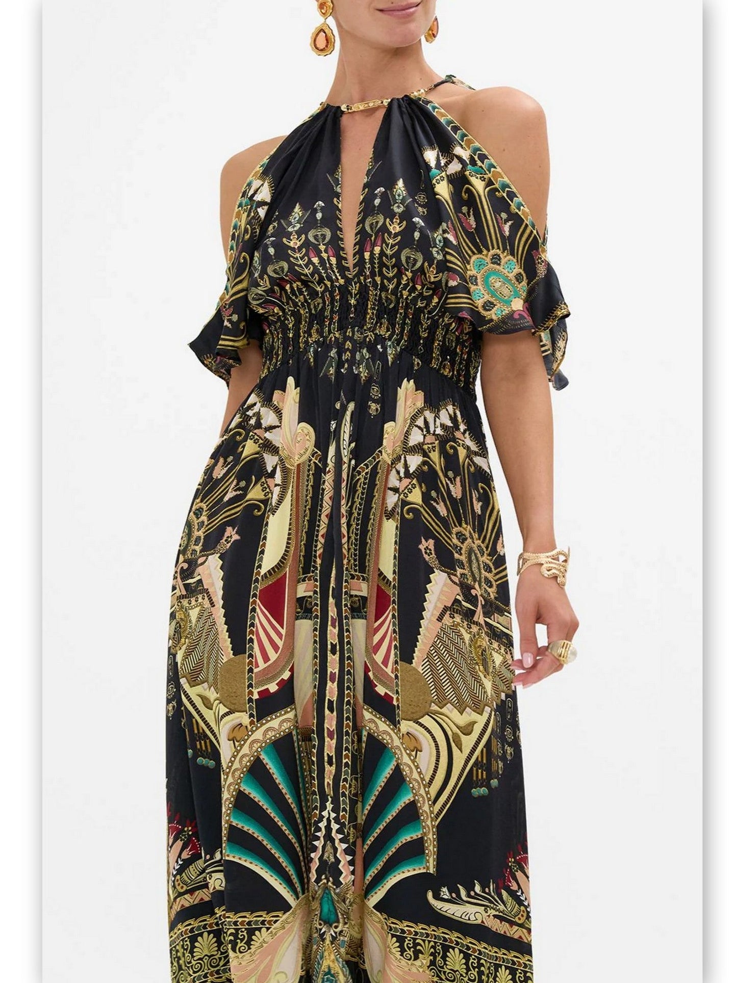Black patterned Cold-Shoulder Printed Maxi Dress with Neck Piece for stylish occasions