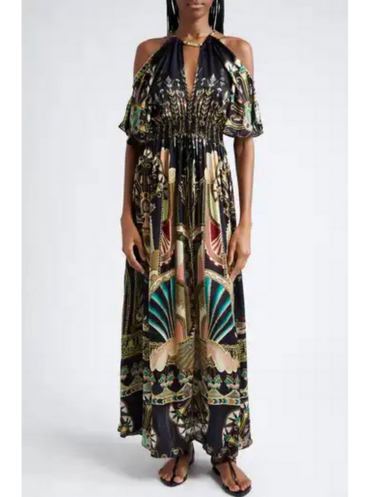 Cold-Shoulder Printed Maxi Dress with Neck Piece showcasing a vibrant patterned design