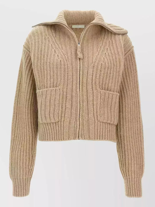 Beige knit zip-up cardigan, perfect for layering with the Collar Zipped Trucker style