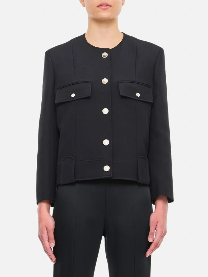 Collarless Cropped Snap-Button Boxy Jacket in Black - Jackets