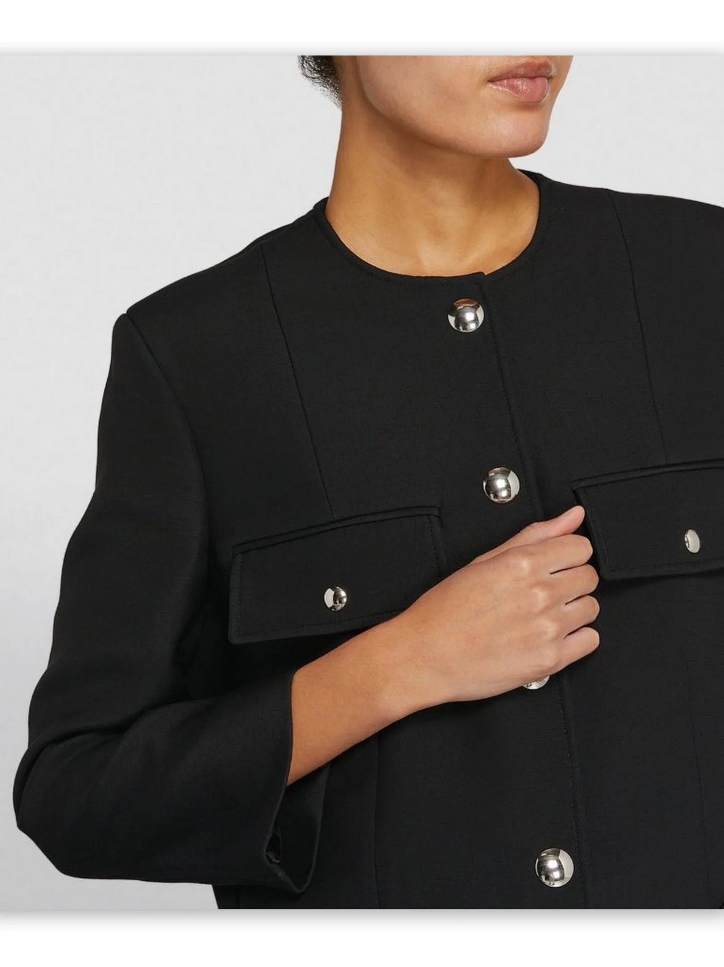 Collarless Cropped Snap-Button Boxy Jacket in Black - Jackets