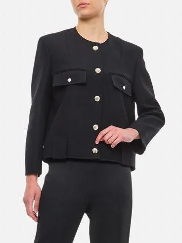 Collarless Cropped Snap-Button Boxy Jacket in Black - Jackets