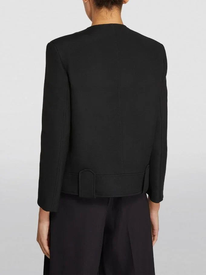Collarless Cropped Snap-Button Boxy Jacket in Black - Jackets