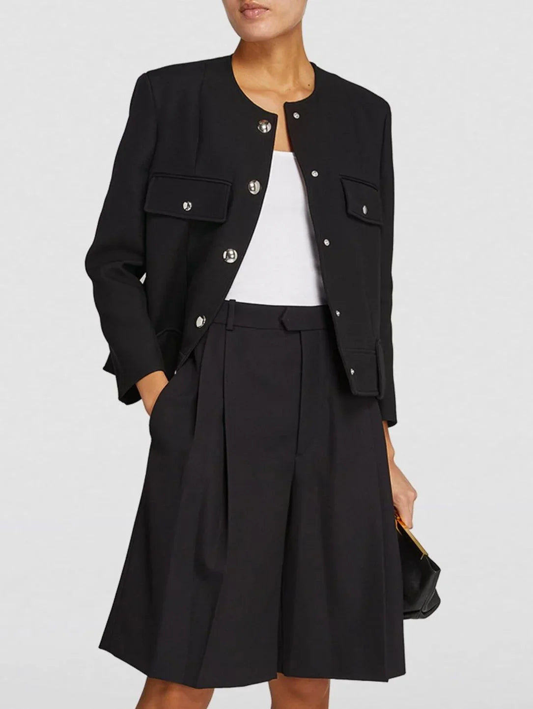 Collarless Cropped Snap-Button Boxy Jacket in Black - Jackets