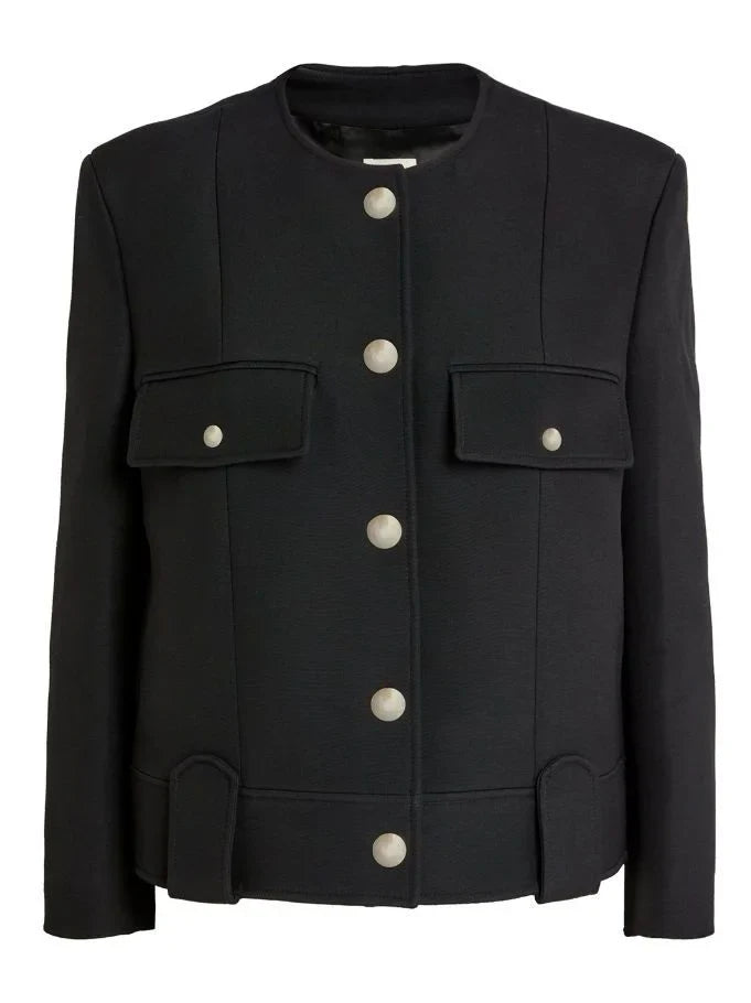 Collarless Cropped Snap-Button Boxy Jacket in Black - Jackets