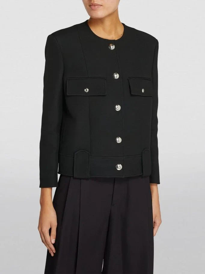 Collarless Cropped Snap-Button Boxy Jacket in Black - Jackets