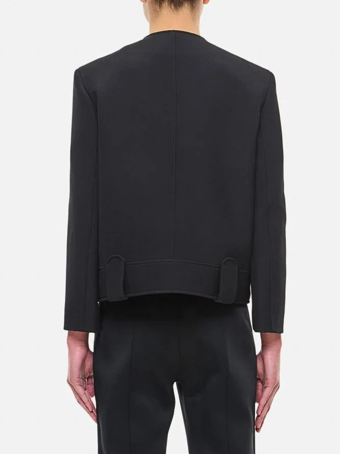 Collarless Cropped Snap-Button Boxy Jacket in Black - Jackets