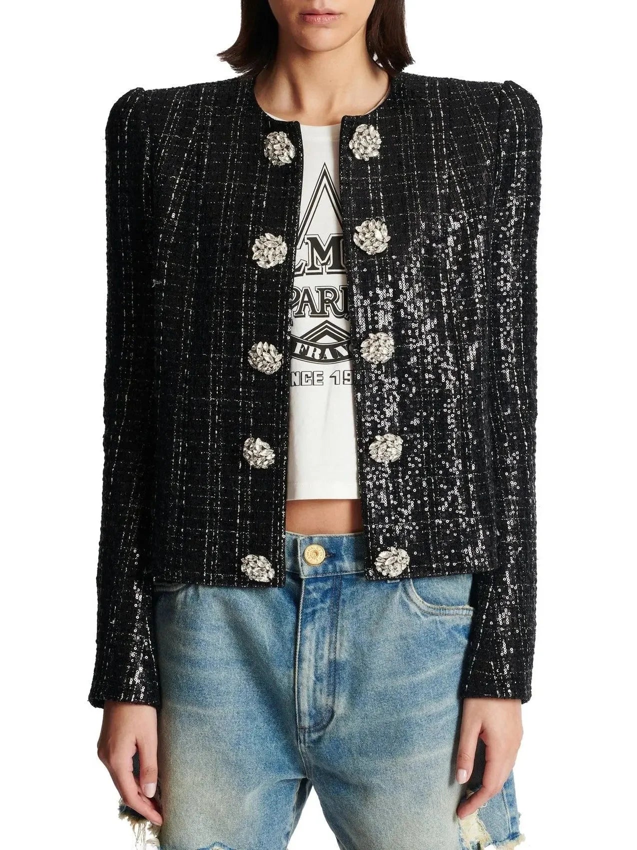 Collarless Glittered Tweed Jacket - Jackets