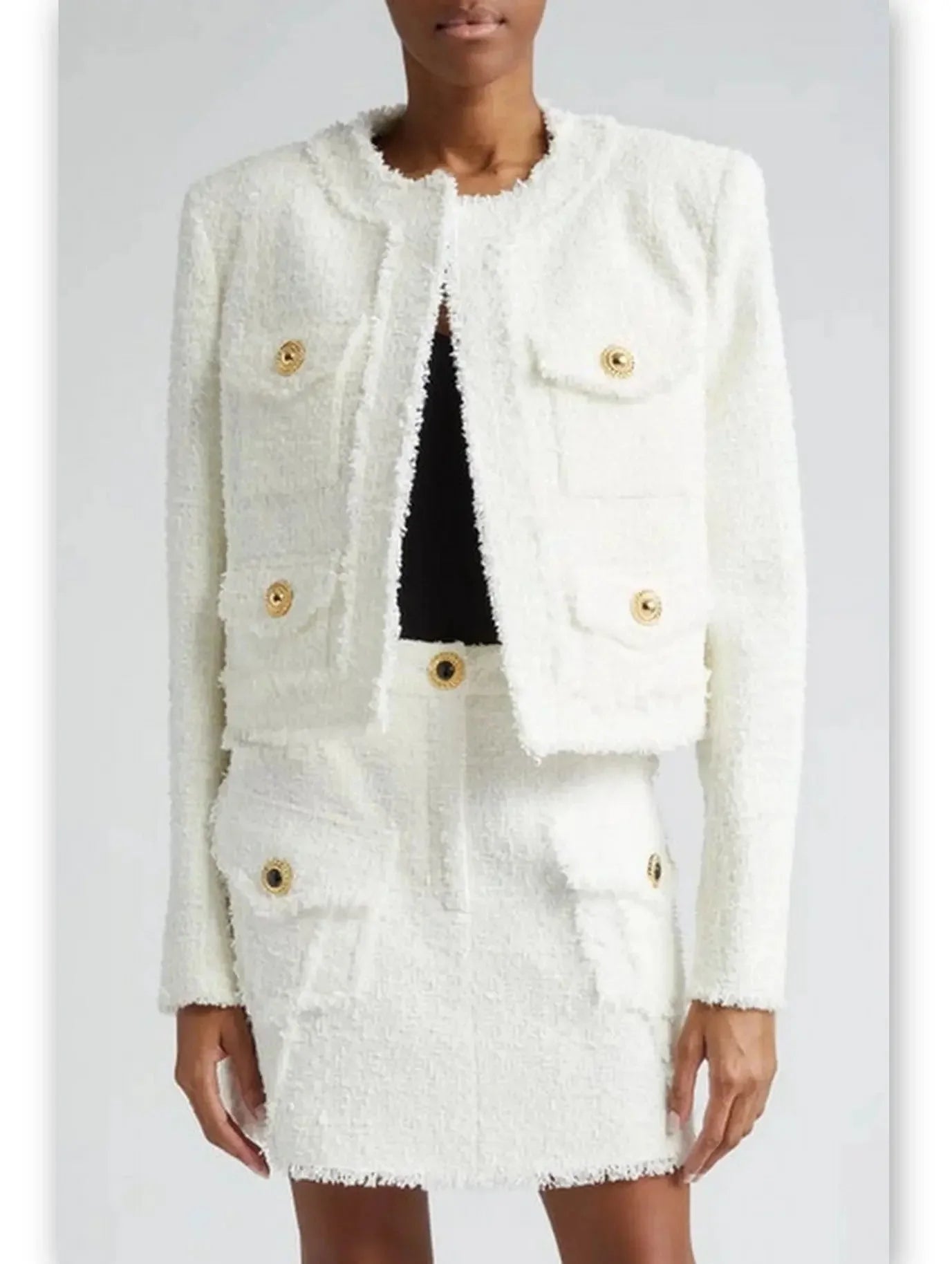 Collarless Tweed Jacket in White - Jackets