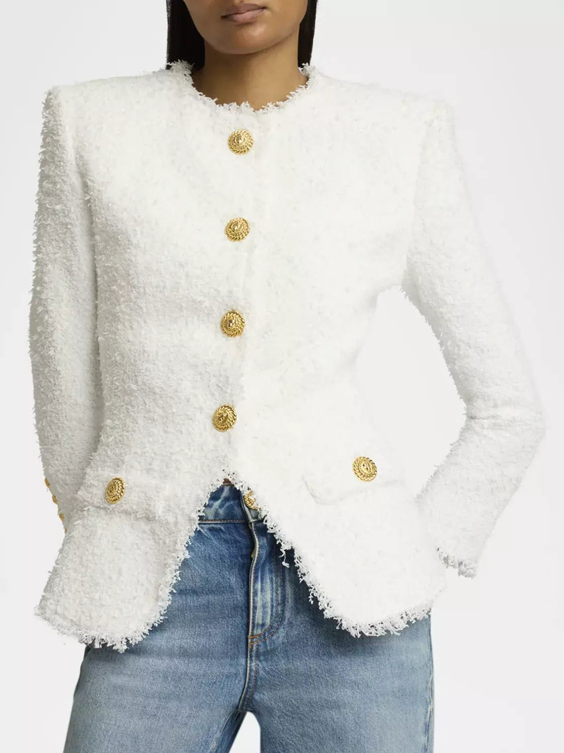 Collarless wool-blend white tweed jacket with gold buttons for a stylish look