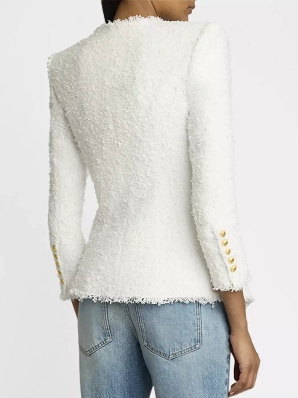 Stylish Collarless Wool-Blend White Tweed Jacket with gold buttons for a chic look