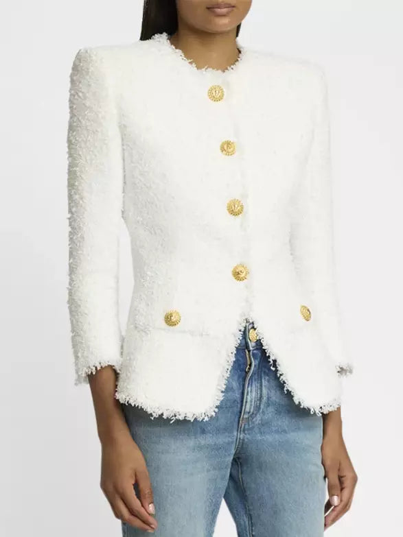 Collarless Wool-Blend White Tweed Jacket featuring gold buttons for a chic look