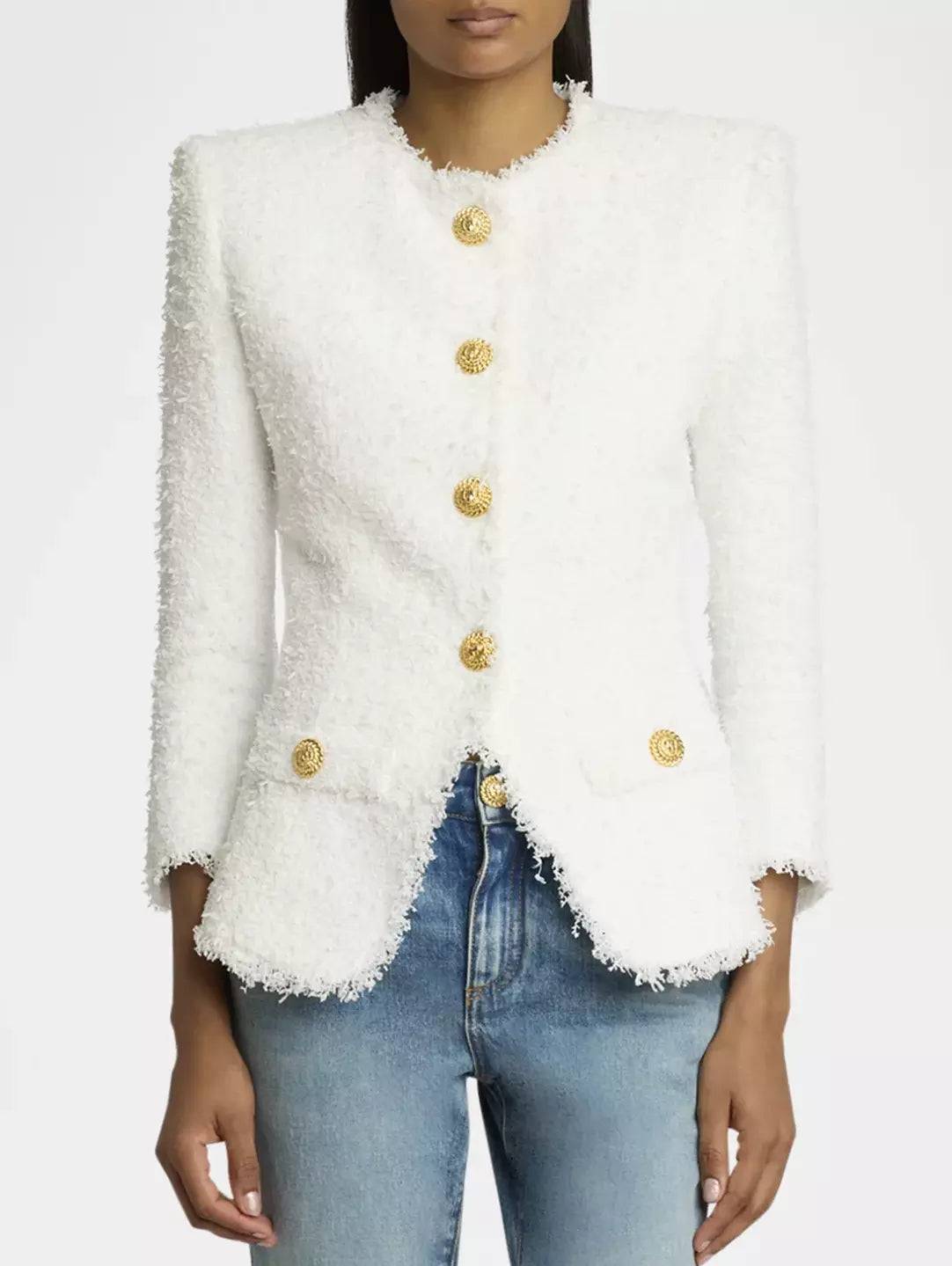 Collarless wool-blend white tweed jacket featuring elegant gold buttons