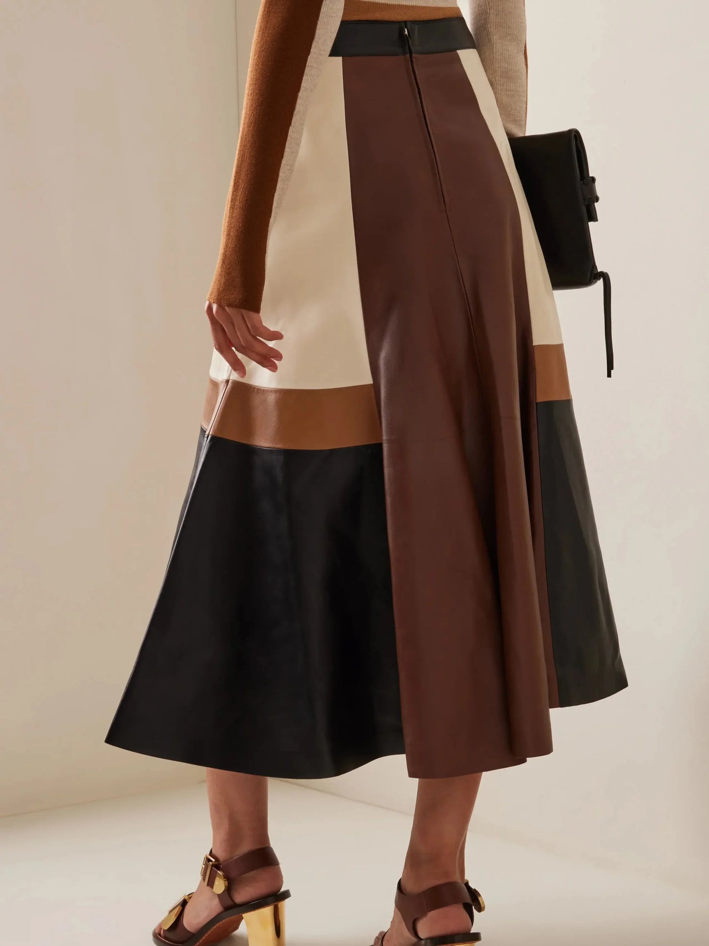 Color-Block Patchwork Leather Midi Skirt - Skirts