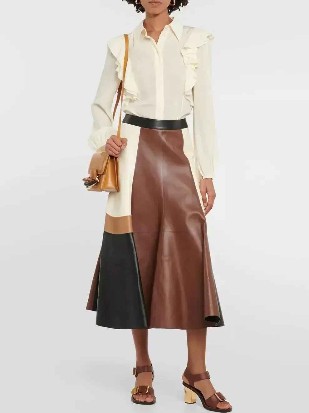Color-Block Patchwork Leather Midi Skirt - Skirts