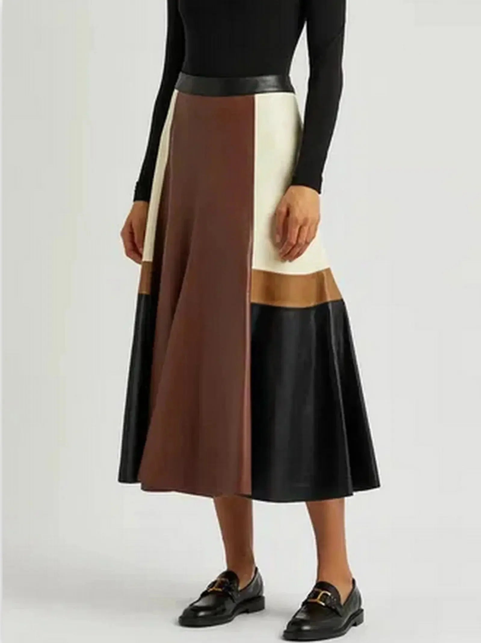 Color-Block Patchwork Leather Midi Skirt - Skirts
