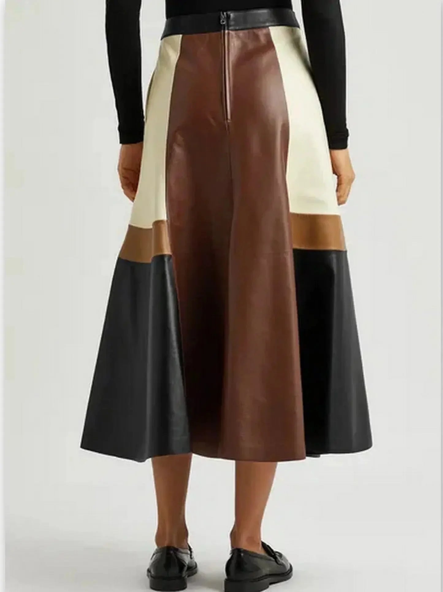 Color-Block Patchwork Leather Midi Skirt - Skirts