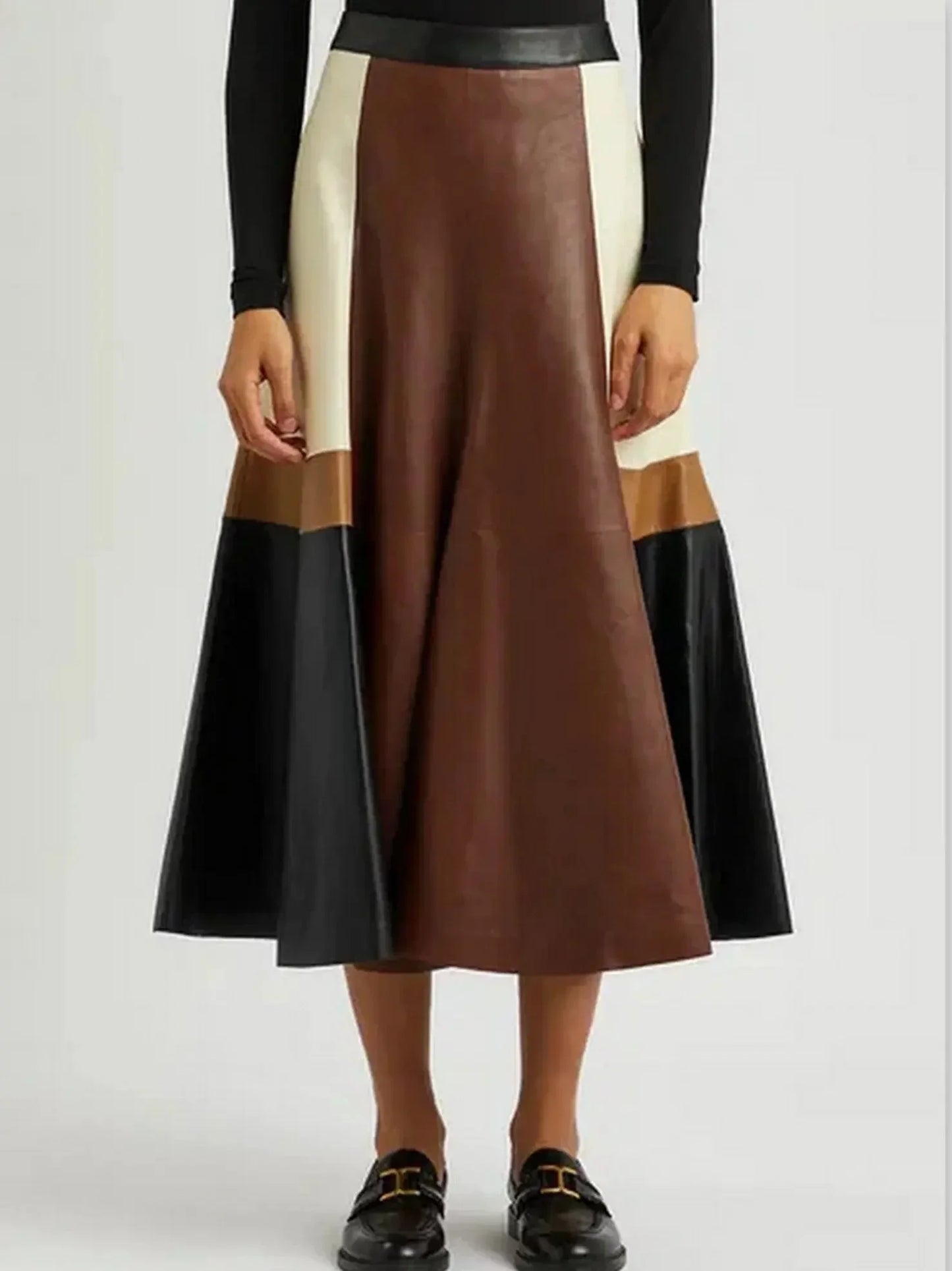 Color-Block Patchwork Leather Midi Skirt - Skirts