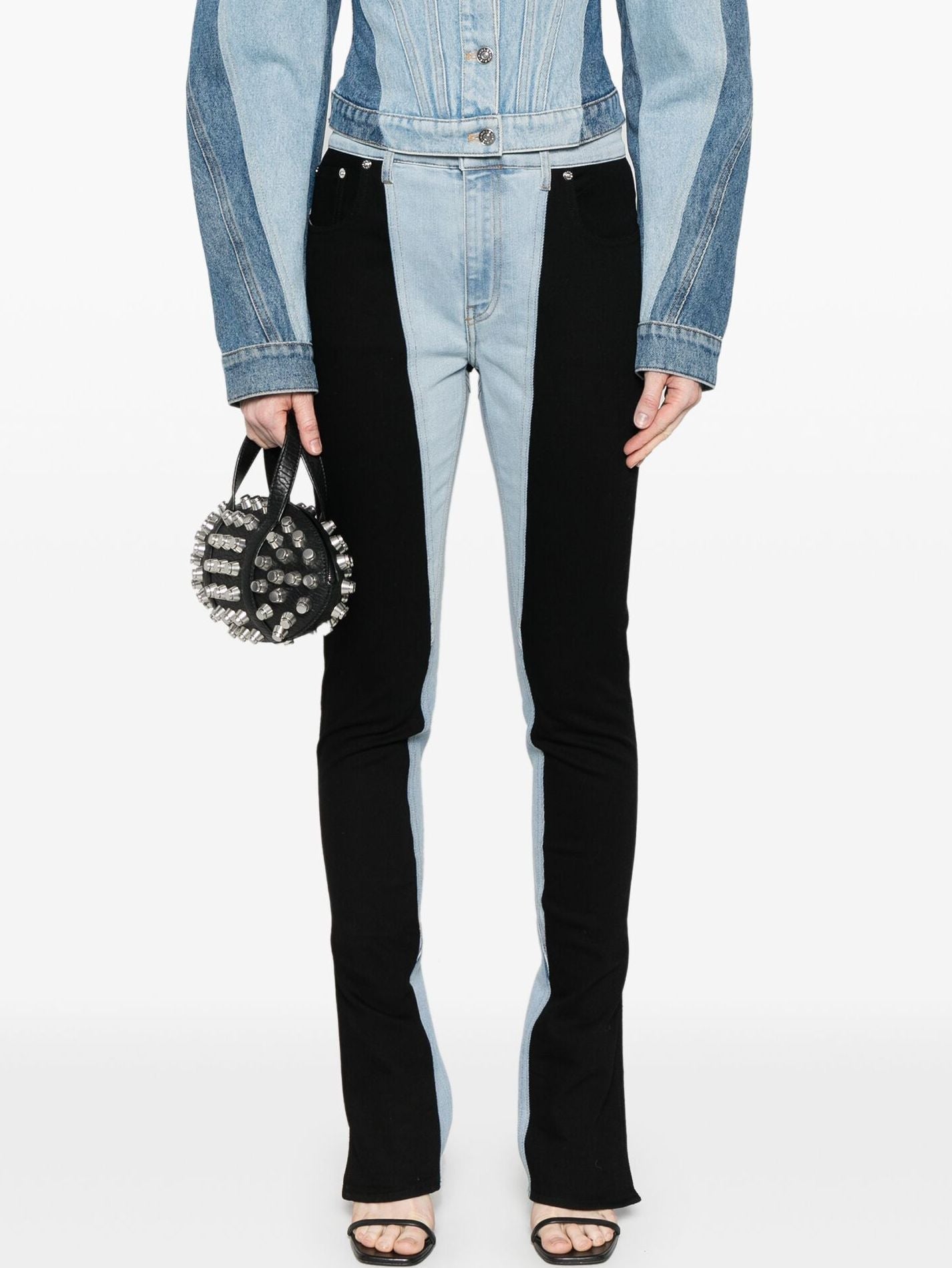 Two-tone denim outfit featuring trendy Color-Block Skinny Jeans for stylish looks