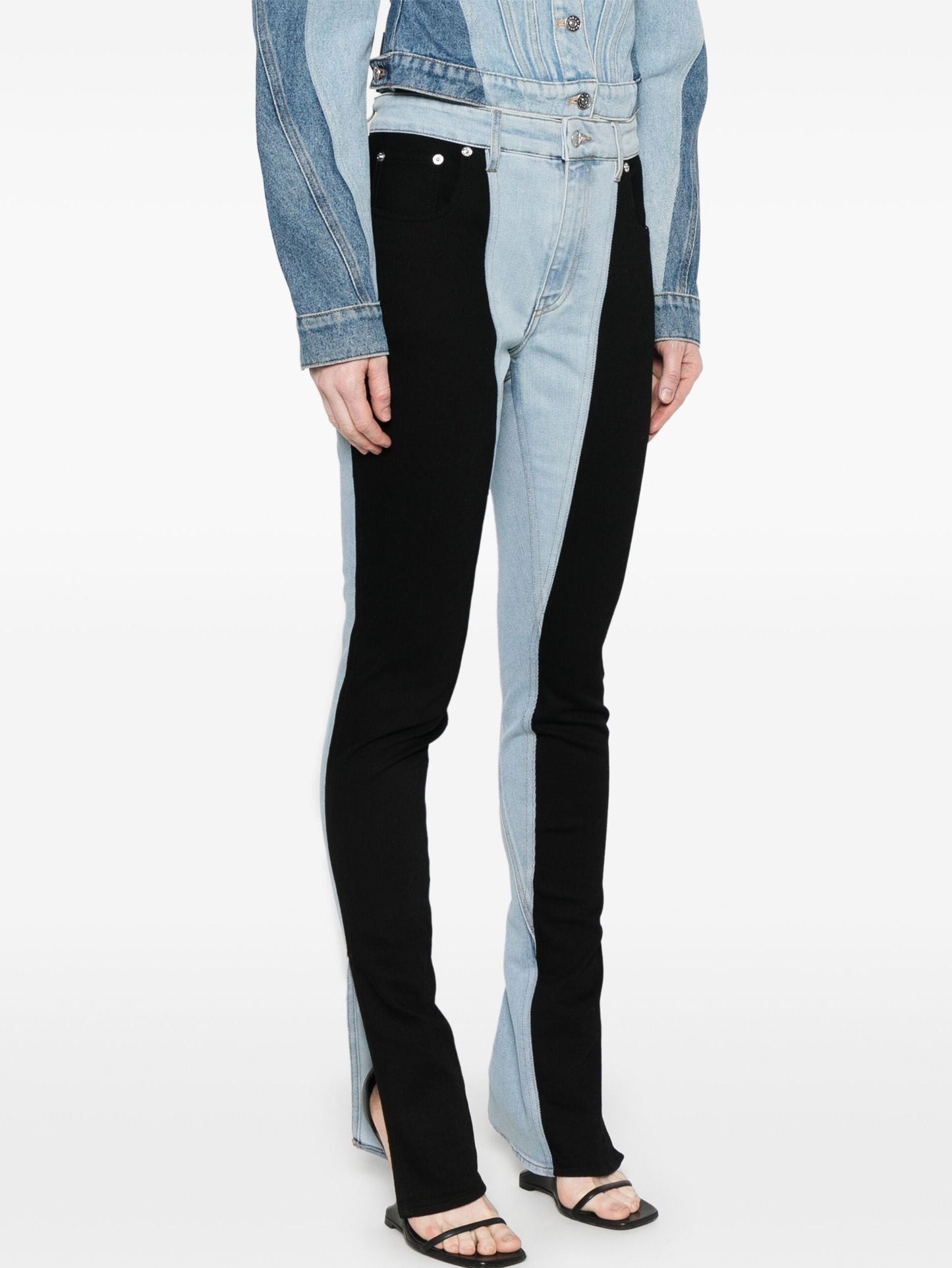 Two-tone denim outfit featuring stylish Color-Block Skinny Jeans for a trendy look