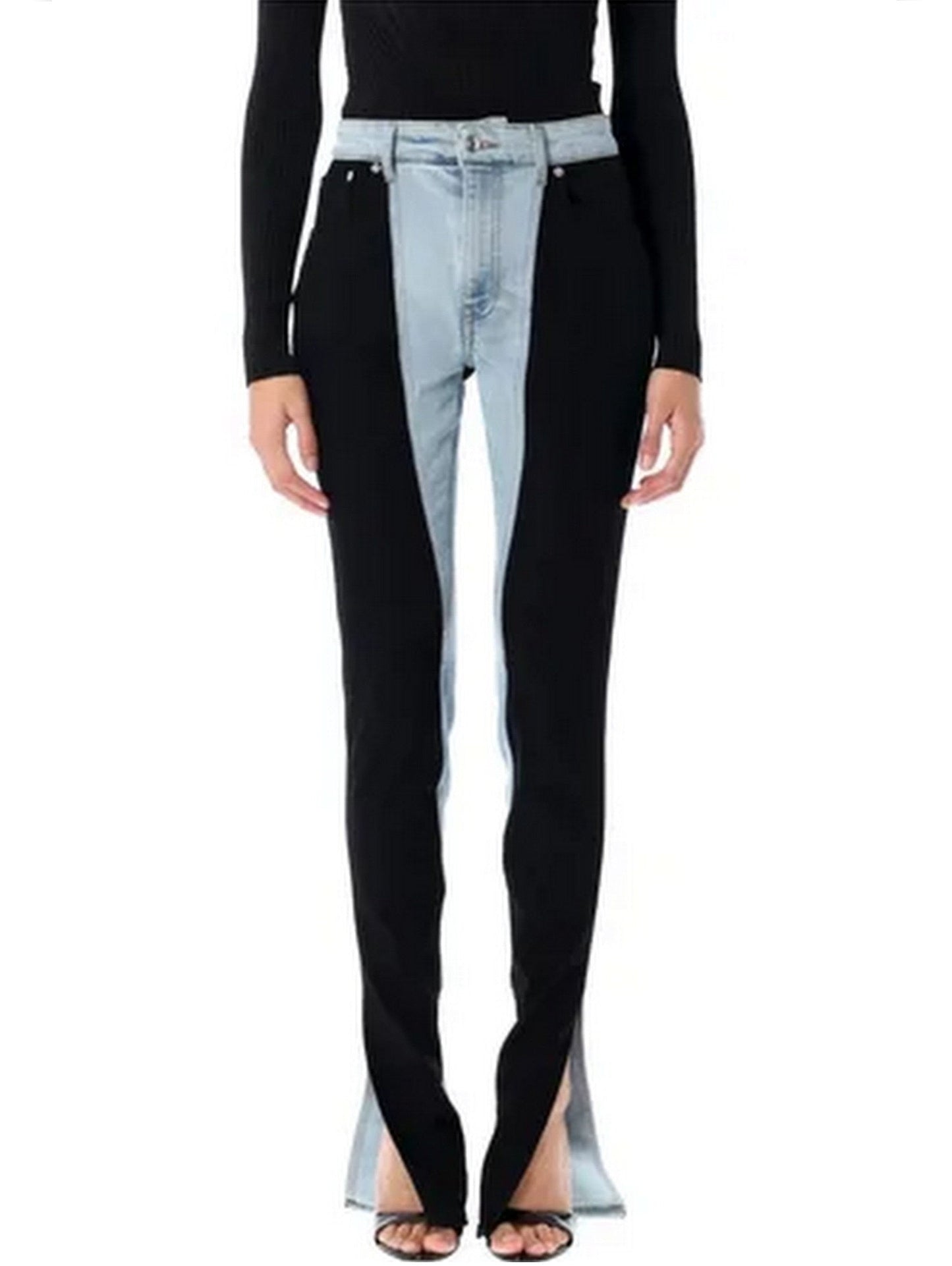 Two-tone split-hem Color-Block Skinny Jeans for a trendy, modern look