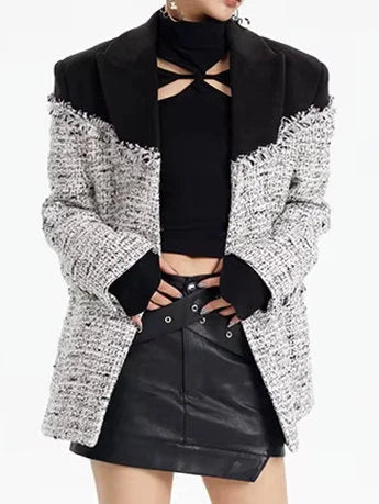 Color-Contrast Frayed Tweed Jacket - Jackets