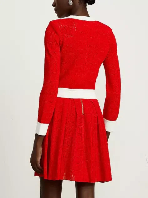 Color-Contrast Knit Cardigan and Mini Dress Set - Suits & Sets
