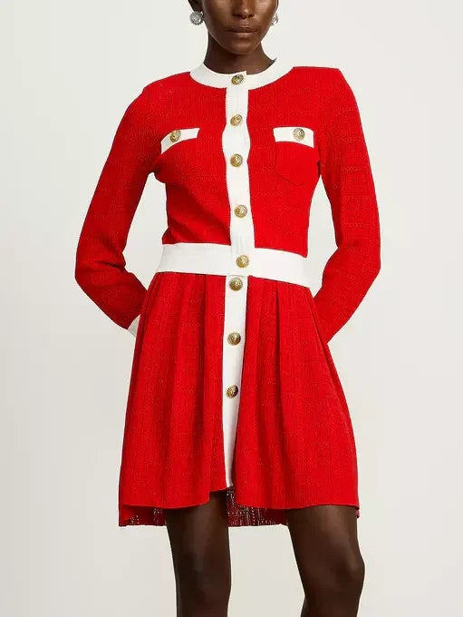 Color-Contrast Knit Cardigan and Mini Dress Set - Suits & Sets